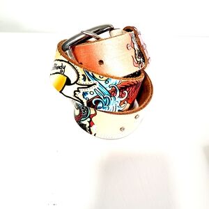 Ed Hardy Cream Leather Belt with Multicolor Tattoo Print Size M